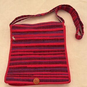 Thai hilltribe crossbody bag button closure. Mostly red, with blue & black (mlb)